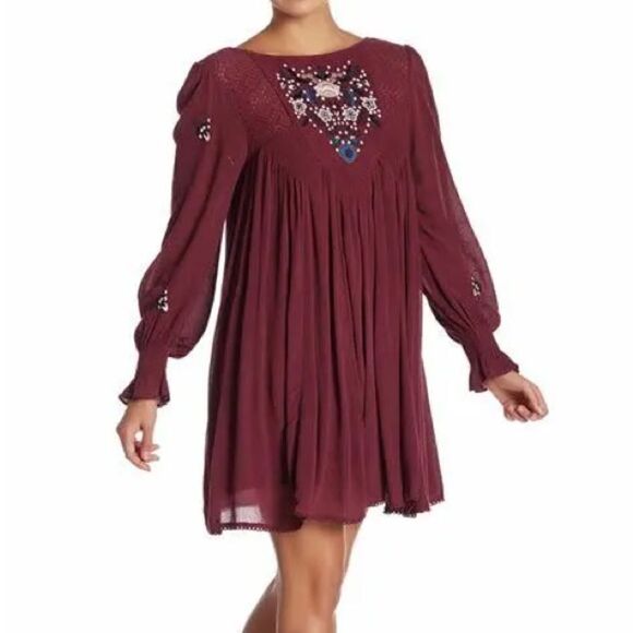 Free People Mohave A Line Swing Mini Dress XS Plum Oversized Deep V Back - Picture 5 of 16